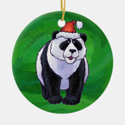 Panda-Beer in Santa Hat op groen Keramisch Ornament (Voorkant)