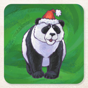 Panda-Beer in Santa Hat op groen Vierkante Kartonnen Onderzetter