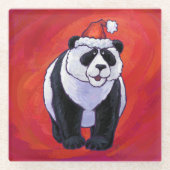 Panda-Beer in Santa Hat op rood Glazen Onderzetter (Voorkant)