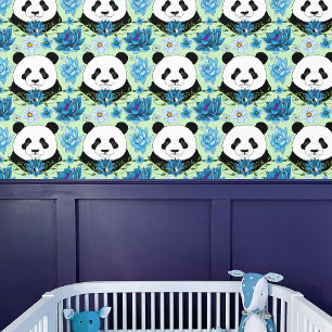 Panda Beer Lotus Flower Blue Behang