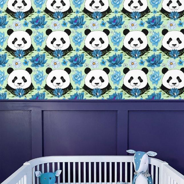Panda Beer Lotus Flower Blue Behang (Creator heeft geüpload)