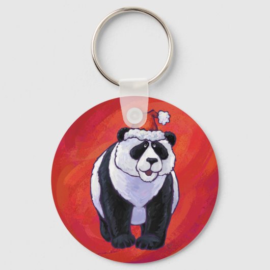 Panda Beer met kerstmuts op rode achtergrond Sleutelhanger (Voorkant)