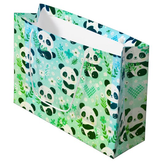 Panda Beer Pattern Green Print Groot Cadeauzakje (Voorkant Gekanteld)