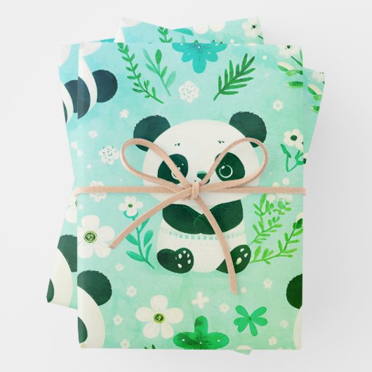 Panda Beer Pattern Green Print Inpakpapier Vel (In situ)