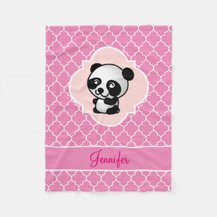 Panda Beer Roze Quatrefoil met naam Fleece Deken