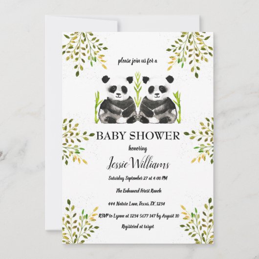 Panda Beer Twins Baby shower Groen Natuur Kaart (Voorkant)
