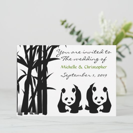Panda Beren en Bamboe bruiloft uitnodiging (Staand voorkant)