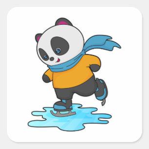 Panda bij ijsschaatsen met ijskoude schaatsen en s vierkante sticker
