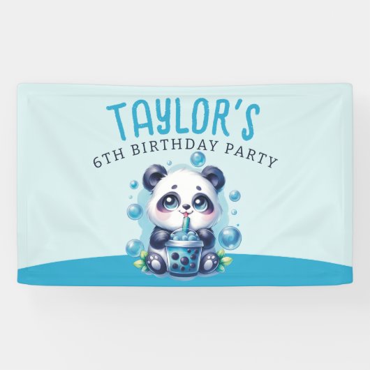 Panda Drink Blue Boba Bubble Tea Verjaardagsfeest Spandoek (Horizontaal)