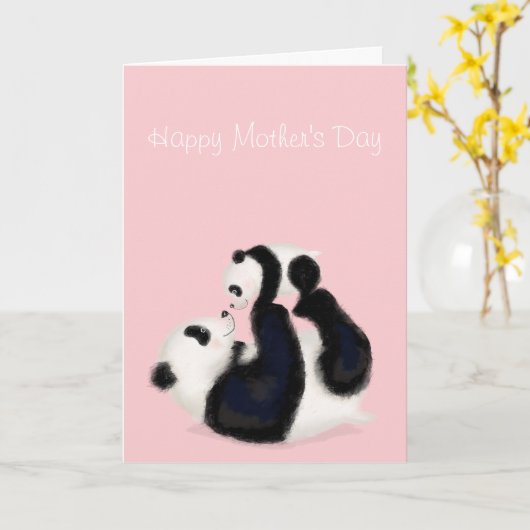 Panda- en cub-Moederdag (roze) Kaart (Gele Bloem)