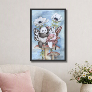 Panda en kat feeën vrienden met anemoon bloemen poster