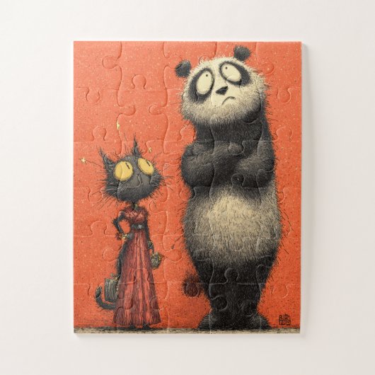Panda en kat in het rood - grappige puzzel (Verticaal)