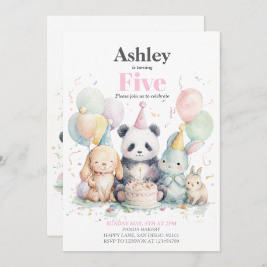 Panda en vrienden verjaardag & feest uitnodiging (Voorkant / Achterkant)