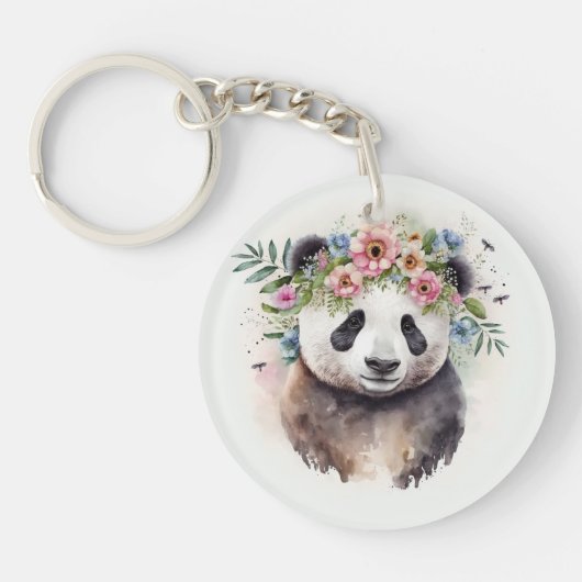 Panda Flowers Watercolor Sleutelhanger (Voorkant)