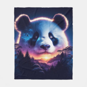 Panda Gezicht met surrealistisch bos en zonsonderg Fleece Deken
