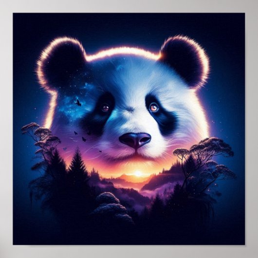 Panda Gezicht met surrealistisch bos en zonsonderg Poster (Voorkant)