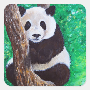Panda in een boomschilderij vierkante sticker