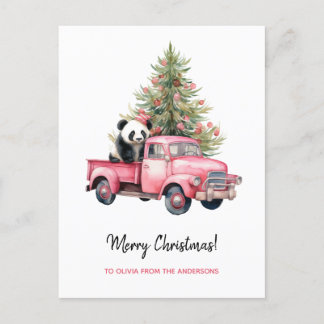Panda in Retro Roze Vrachtwagen Kerstboom Feestdagenkaart
