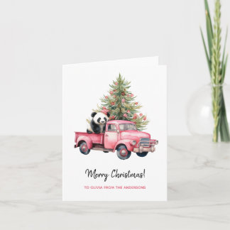 Panda in Retro Roze Vrachtwagen Kerstboom Kaart