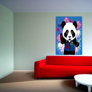 Panda in uniform en vuurwerk   AI Art Poster