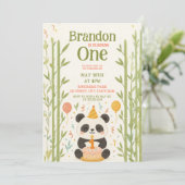 Panda met bamboe en taart 1e verjaardag kaart (Staand voorkant)