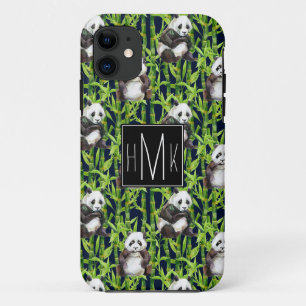 Panda met Bamboe Waterverf Patroon   Monogram iPhone 11 Hoesje