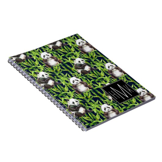 Panda met Bamboe Waterverf Patroon | Monogram Notitieboek (Rechterzijde)