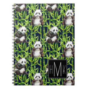 Panda met Bamboe Waterverf Patroon   Monogram Notitieboek