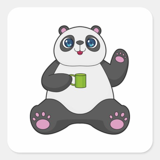 Panda met koffie-mok vierkante sticker (Voorkant)