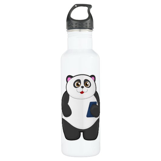 Panda met mobiele telefoon waterfles  (Voorkant)