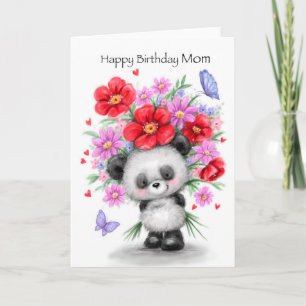 Panda met prachtige bloemen, Happy Birthday MOM Kaart
