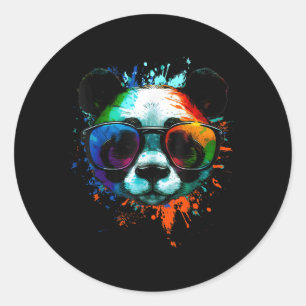 Panda met zonnebril met kleurrijke inktspetters ronde sticker