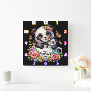 Panda Mom: welp, bloemen, Moederdag Vierkante Klok