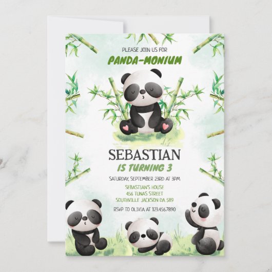 Panda Panda-monium Birthday Invitation (Devant)
