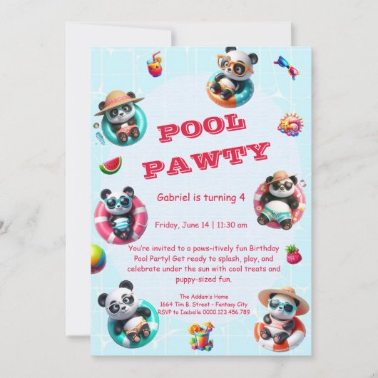 Panda Panda Panda fête Anniversaire Invitation été (Devant)