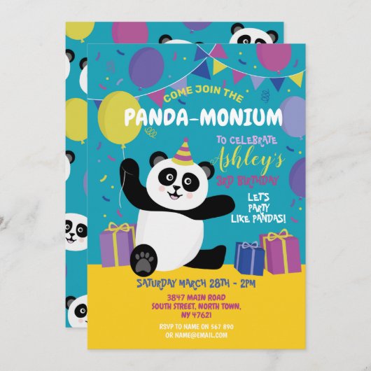 Panda Party Birthday Panda-monium Blauwgroen uitno Kaart (Voorkant / Achterkant)