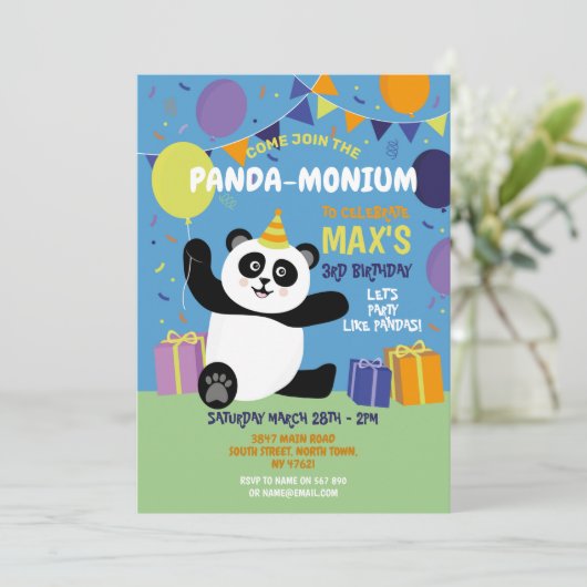 Panda Party Birthday Panda-monium Blue Kaart (Staand voorkant)