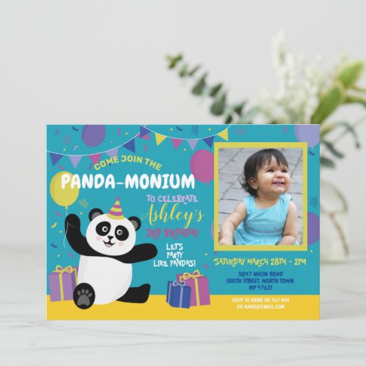 Panda Party Birthday Panda-monium Fotouitnodiging Kaart (Staand voorkant)