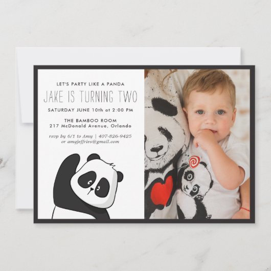 Panda Party | Invitation monochrome et photo (Devant)