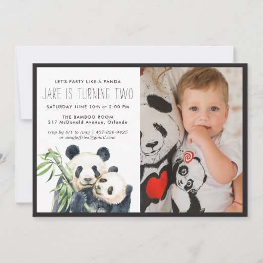 Panda Party | Monochroom en fotouitnodiging (Voorkant)