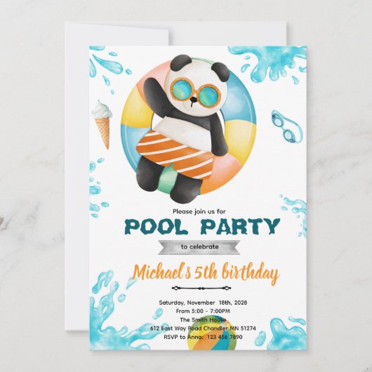 Panda Pool Party Birthday Invitation (Devant)
