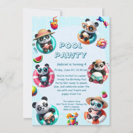 Panda Splash Verjaardag Pool Party Uitnodiging (Voorkant)