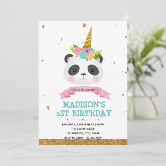 Panda unicorn verjaardagskaartuitnodiging kaart (Staand voorkant)