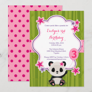 Panda verjaardagsfeestje - Roze en Paarse Kaart