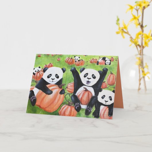 Pandas et Citrouilles Carte de voeux Automne (Fleur jaune)