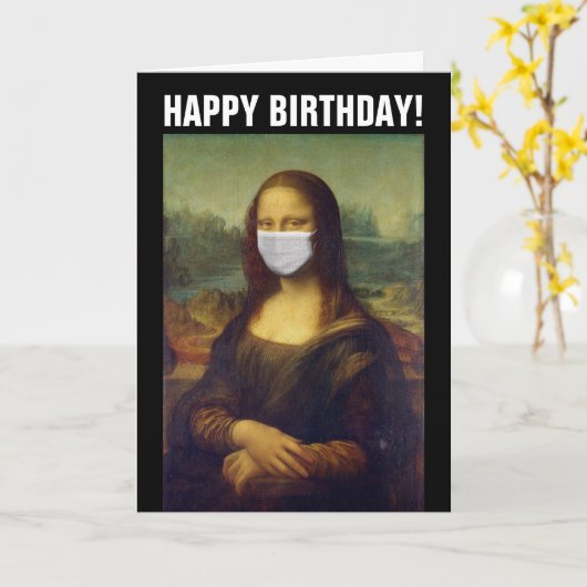 PANDEMISCHE VERJAARDAG KAART MONA LISA MET MASKER (Gele Bloem)