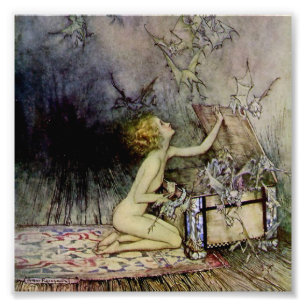 “Pandora opent de doos” door Arthur Rackham Foto Afdruk