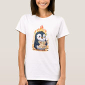 Panicked Cartoon Penguin Holding Map with Fire T-shirt (Voorkant)