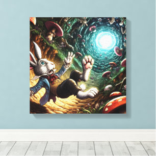 Paniekerig konijn dat in het konijnenhol valt canvas afdruk
