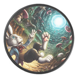 Paniekerig konijn dat in het konijnenhol valt hockey puck